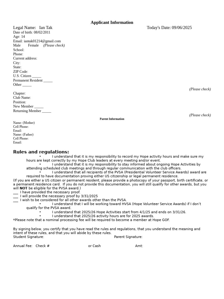 2025/26 Hope GOF Membership Form | PDF | Citizenship Of The United ...