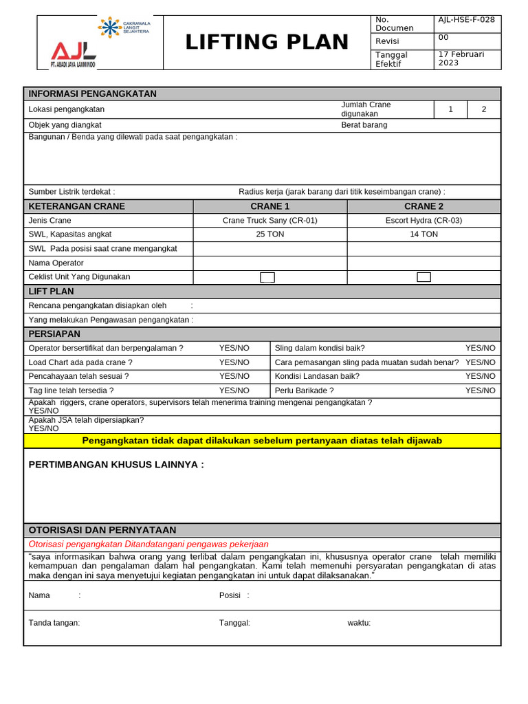 AJL HSE F 028 Lifting Plan | PDF