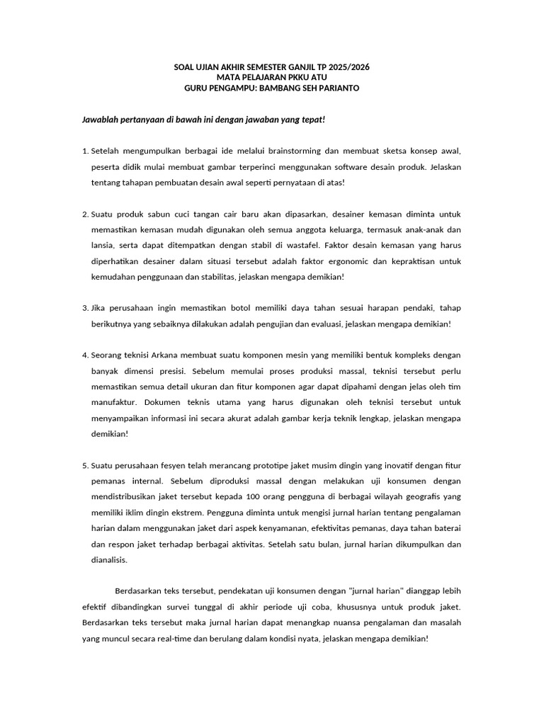 Soal Ujian PKKU Semester Ganjil 2025/2026 | PDF
