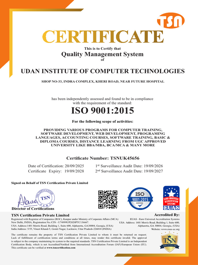 Udan Institute of Computer Technologies 9001 Final | PDF | Certification