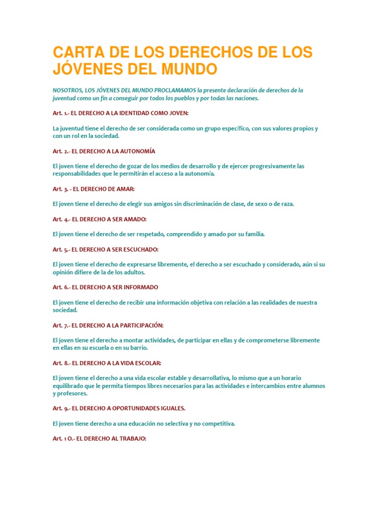 Carta de Los Derechos de Los Jóvenes Del Mundo | PDF | Juventud ...