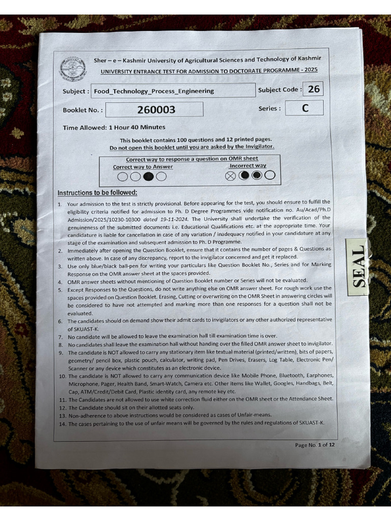 Skuast Entrance Paper | PDF