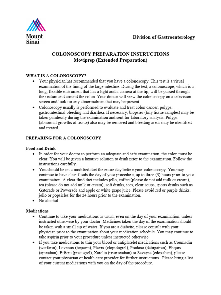 Colonoscopy Prep Instructions with Moviprep | PDF | Colonoscopy ...