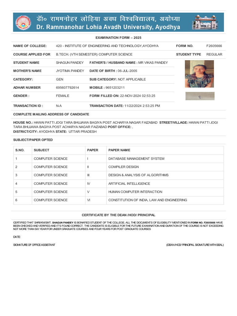 B.Tech Exam Form 2025 for Shagun Pandey | PDF