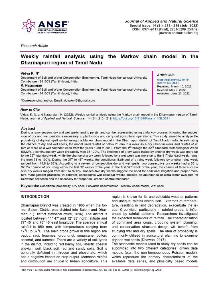 Markov Chain Rainfall Analysis in Dharmapuri | PDF | Rain | Drought