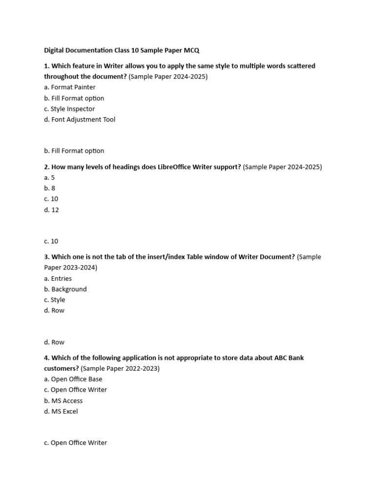 Digital Documentation Class 10 Sample Paper MCQ | PDF | Computing | Text