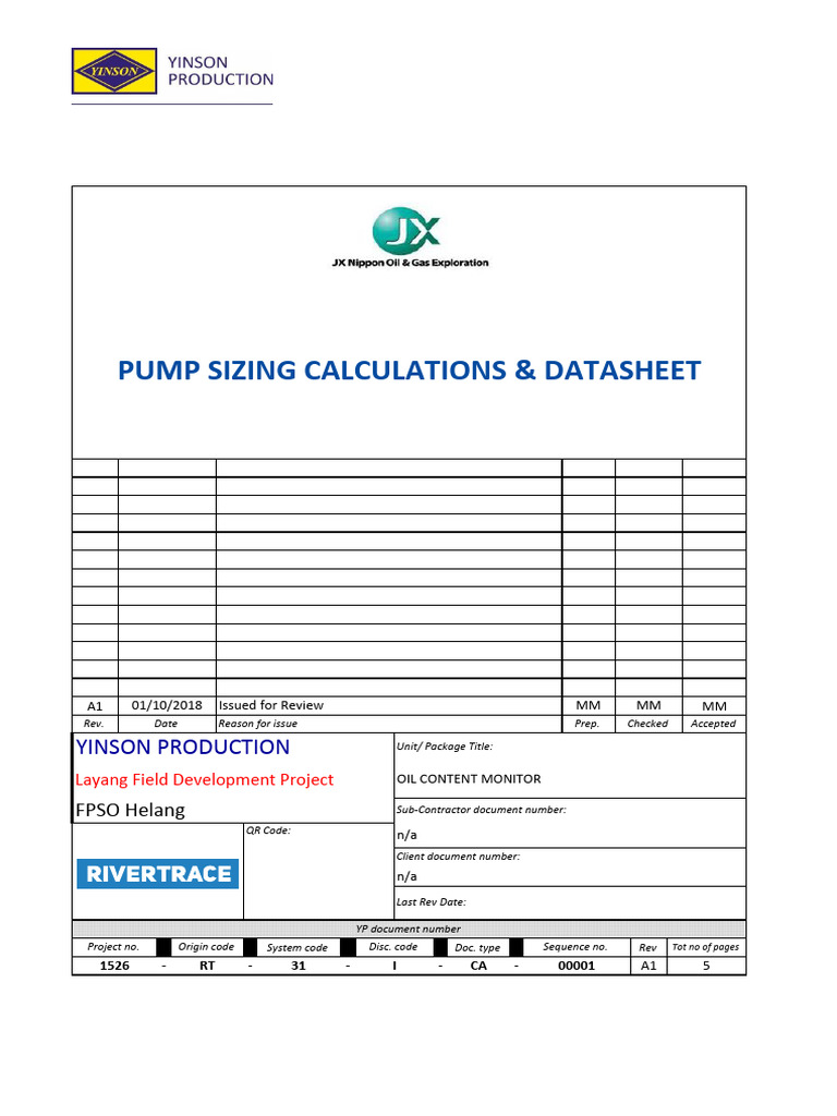1526 RT 31 I CA 00001 - A1 - Pump Sizing Calculations & Datasheet | PDF