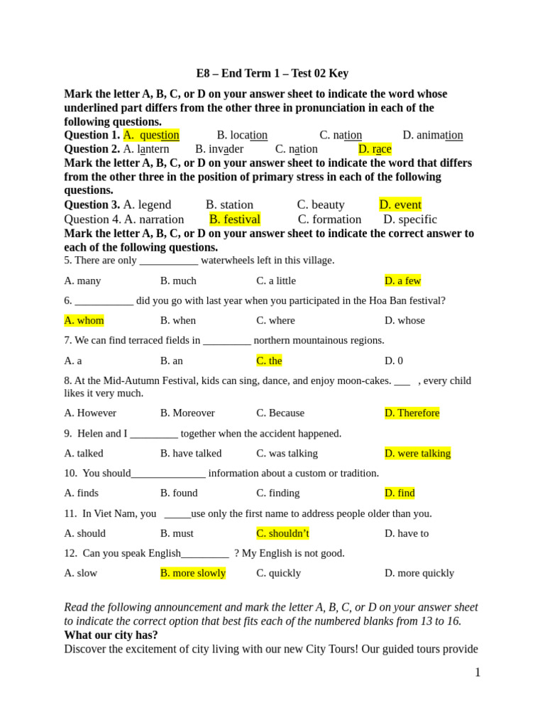 End Term 1 Test 02 Key Answers | PDF | Adolescence