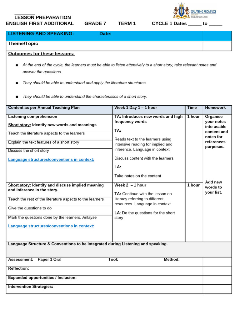Grade 7 English Lesson Plan Overview | PDF | Reading Comprehension ...