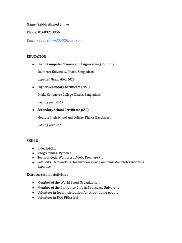 Sabbir Ahmed Shuvo: Computer Science CV | PDF