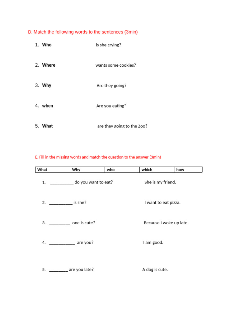 English Question Matching Exercise | PDF