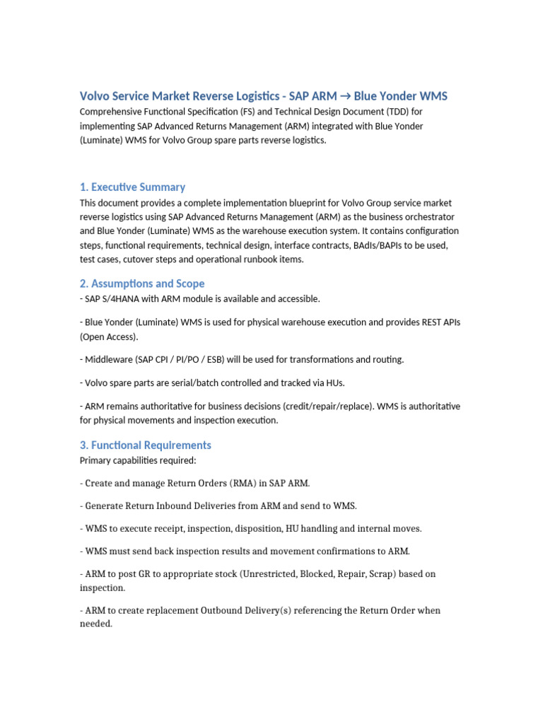 Volvo SAP ARM & Blue Yonder WMS Integration | PDF | Logistics | Warehouse