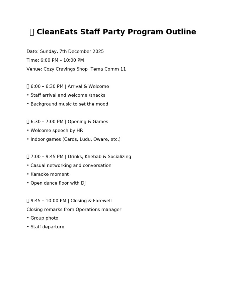 CleanEats Staff Party Agenda 2025 | PDF