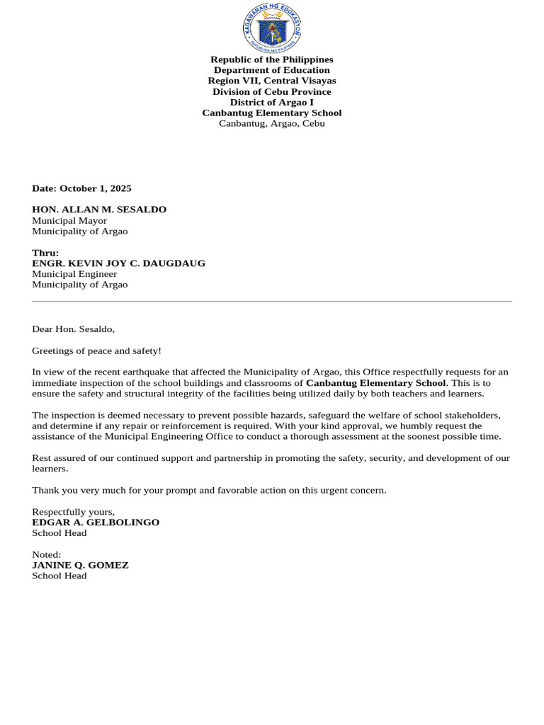 DRRM Letter Request for Inspection | PDF