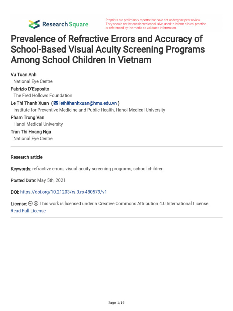 Prevalence of Refractive Errors and Accuracy of School-Based Visual ...