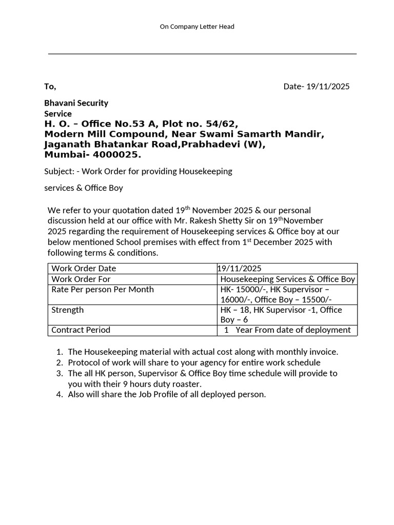 Housekeeping Services Work Order 2025 | PDF