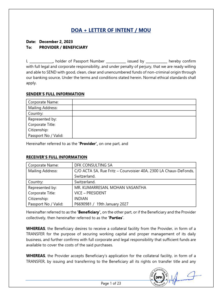 Kumaresan Doa - Letter of Intent - Mou | PDF | Banks | Wire Transfer