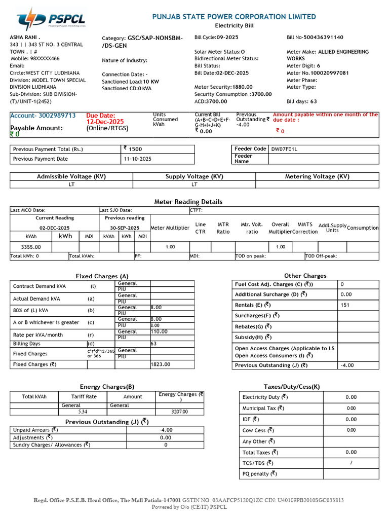PSPCL Bill ENG 3002989713 | PDF | Electrical Engineering | Power (Physics)