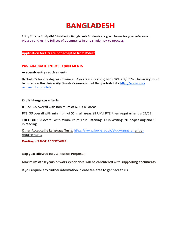 BNU April 26 Intake- Entry Requirements-BANGLADESH | PDF