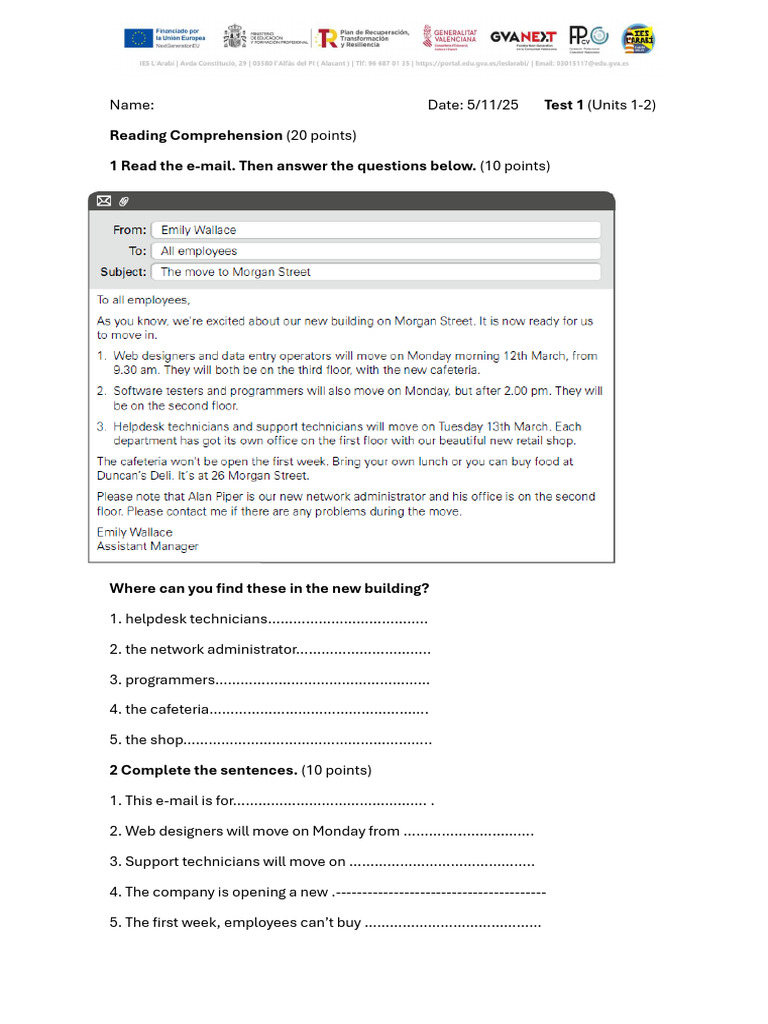 Test 1: Reading & Writing Exercises | PDF
