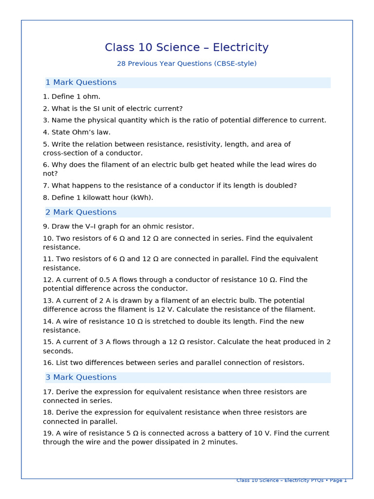 Class 10 Electricity PYQs: CBSE Guide | PDF | Electric Current | Series ...
