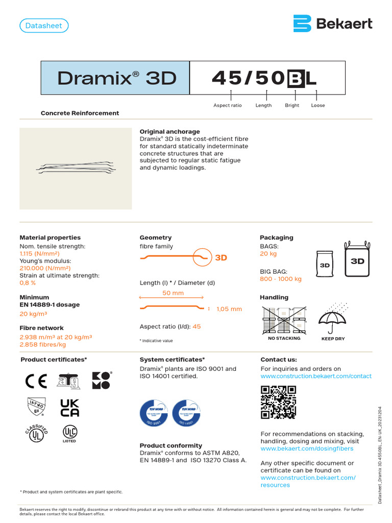 Dramix® 3D Fiber Reinforcement Datasheet | PDF | Mechanical Engineering ...