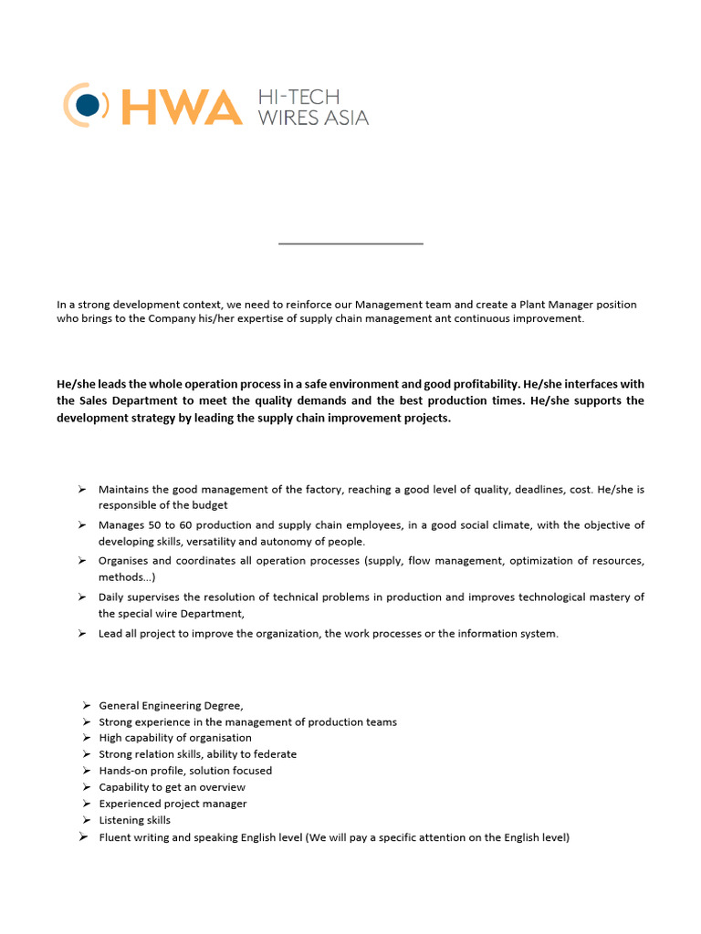 Plant Manager Job Description in Vietnam | PDF