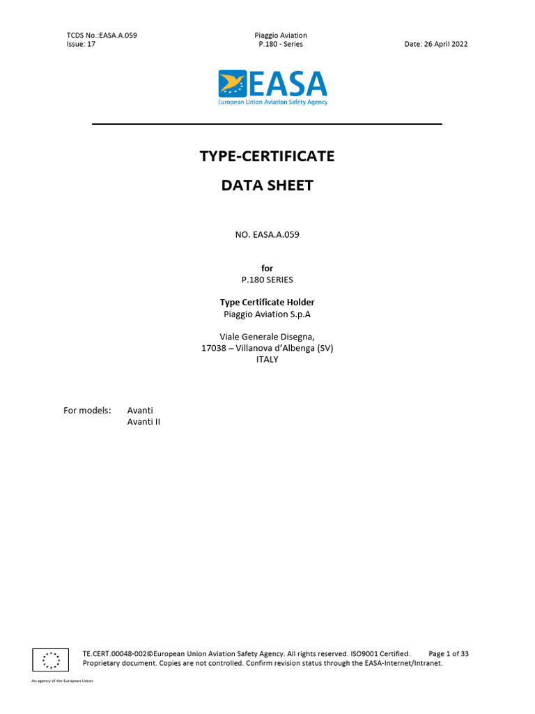 EASA Type Certificate Data Sheet P.180 | PDF