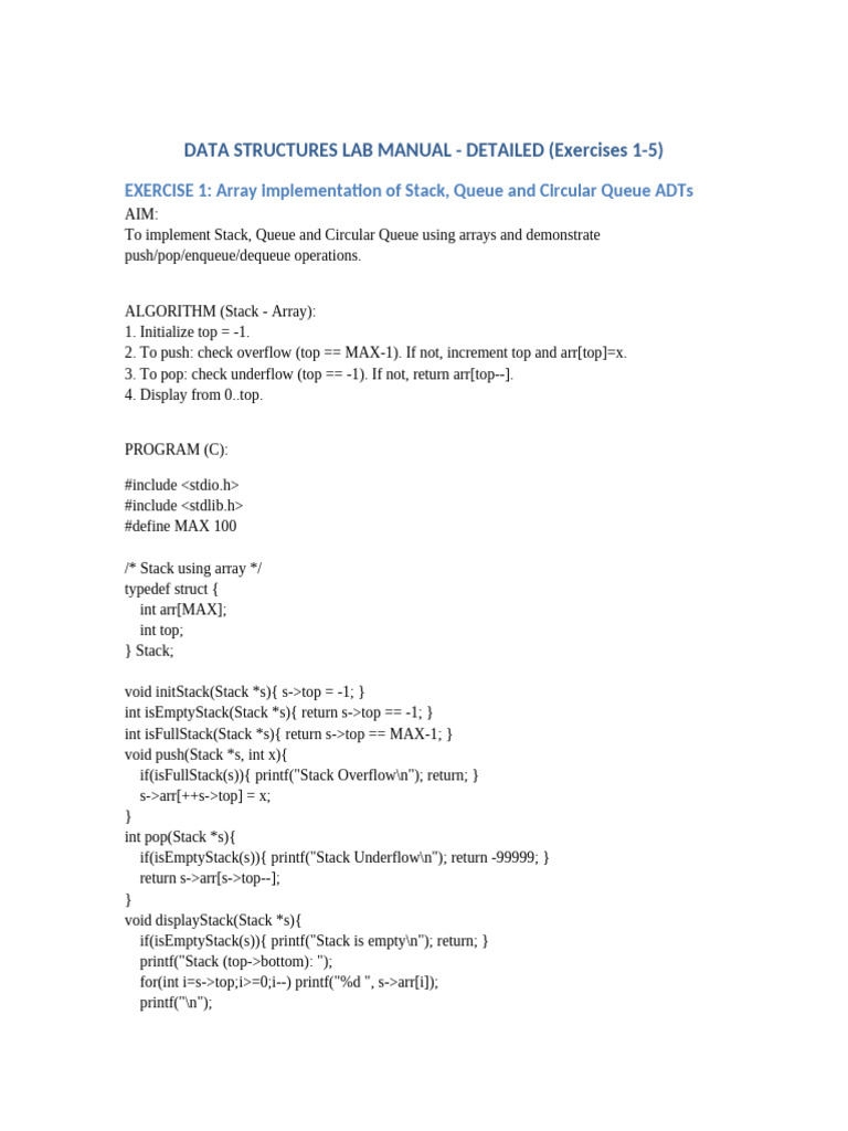 Data Structures Lab Manual Exercises 1-5 | PDF | Queue (Abstract Data ...