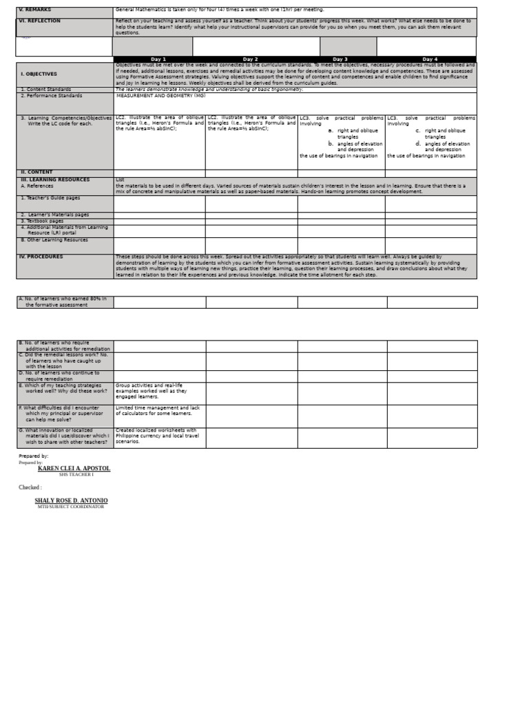 Weekly General Mathematics Plan | PDF | Learning | Teachers