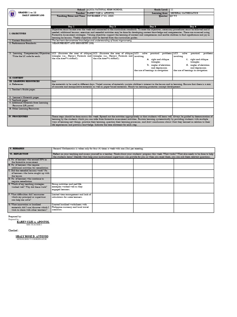 Weekly Lesson Plan for General Mathematics | PDF | Learning | Behavior ...