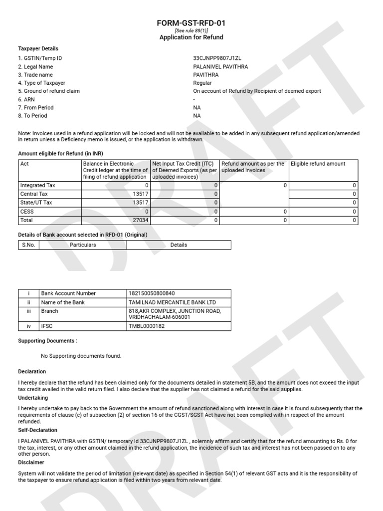 GST Refund Application Form RFD-01 | PDF | Taxation | Payments