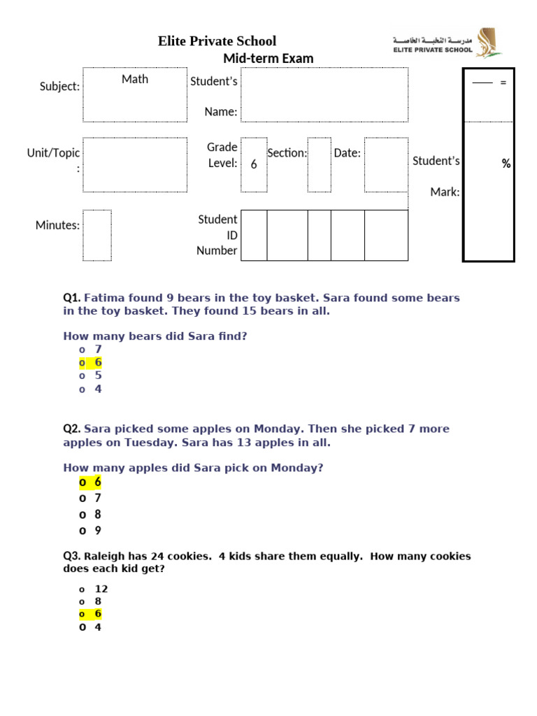 6th Grade Math Mid-term Exam | PDF