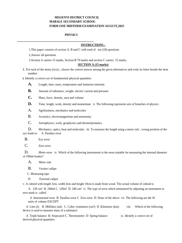 Form One Physics Midterm Exam 2025 | PDF | Volume | Litre