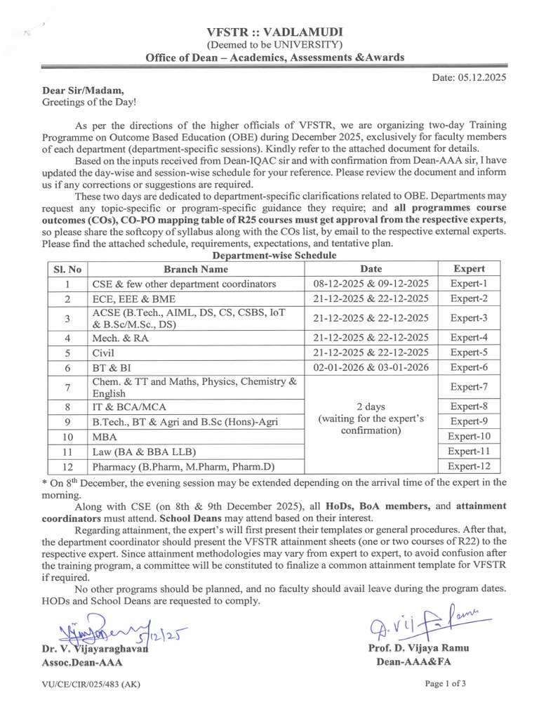 OBE Training Schedule-VFSTR-Dec 2025 (CIR 483) | PDF