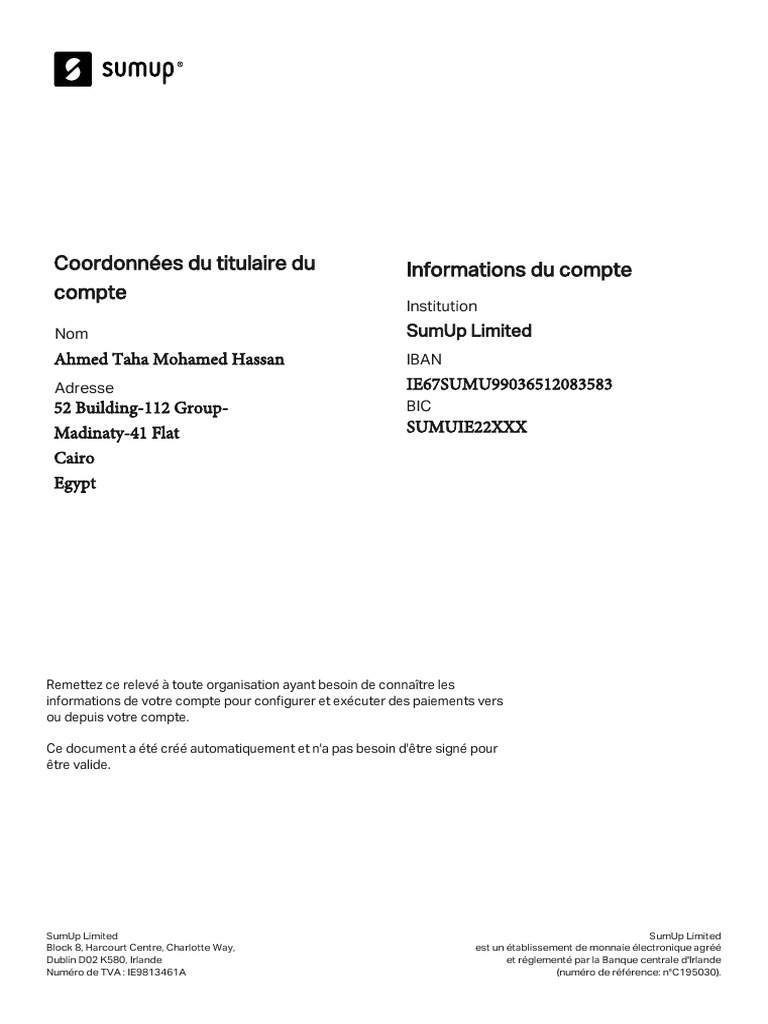 Informations de compte SumUp Limited | PDF