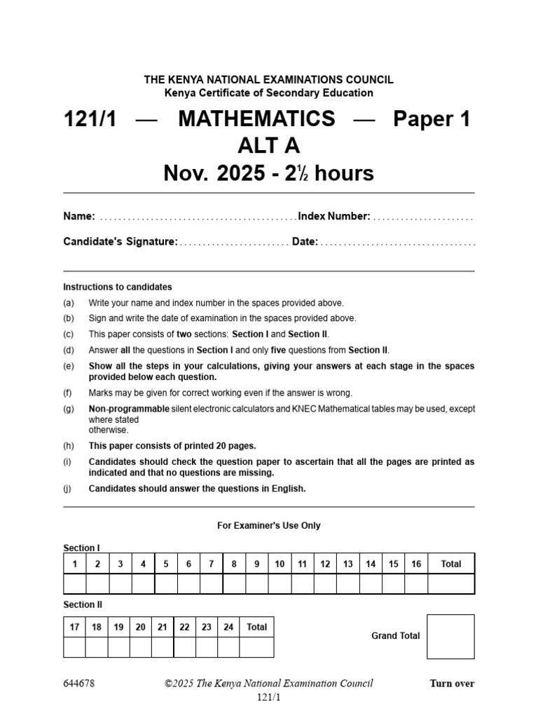 KCSE 2025 Mathematics Paper 1 Exam | PDF | Taxes | Circle