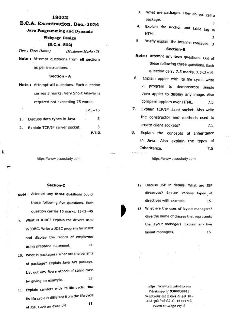 Bca 5 Sem Java Programming and Dynamic Webpage Design 18022 Dec 2024 | PDF