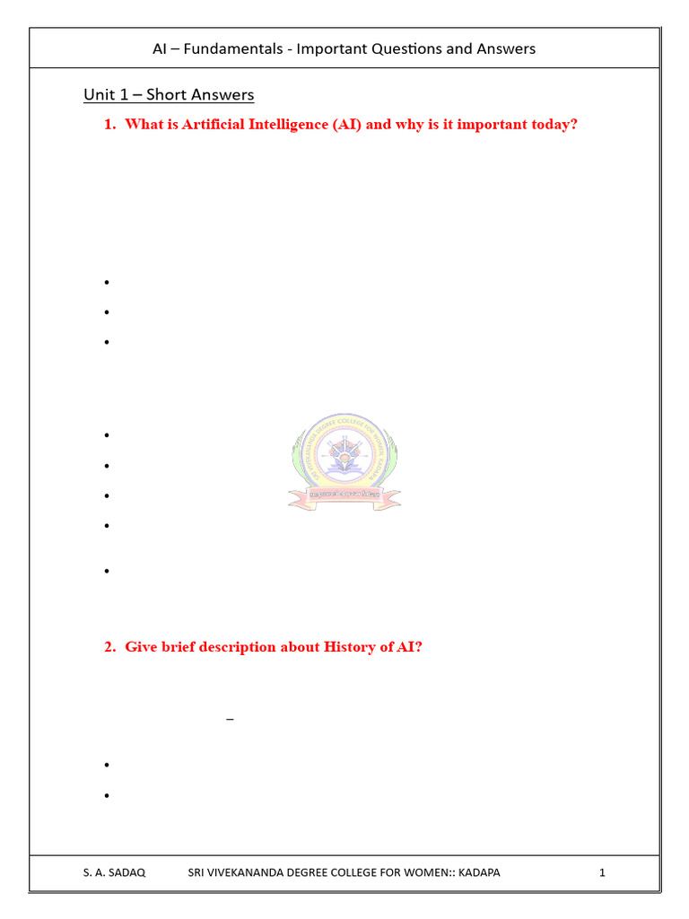 AI Important Questions and Answers | PDF | Artificial Intelligence ...