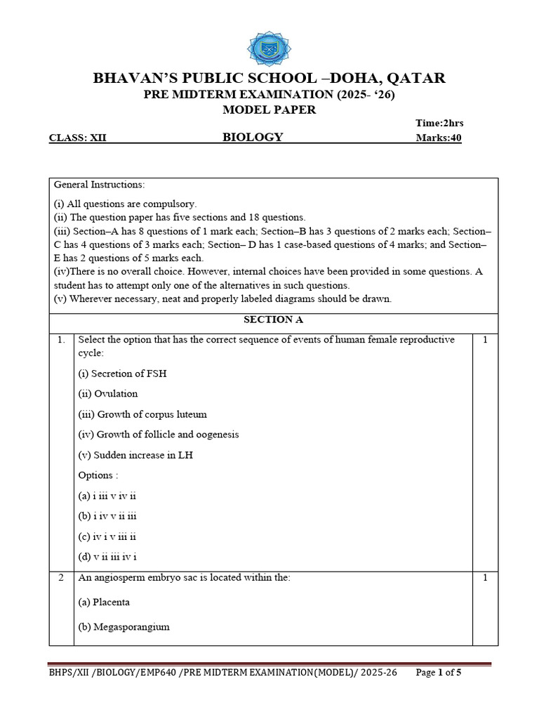 Biology Class XII Pre Midterm Exam 2025-26 | PDF | Testicle ...