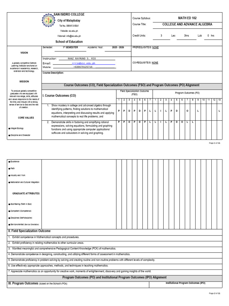 College and Advanced Algebra Syllabus | PDF | Function (Mathematics ...