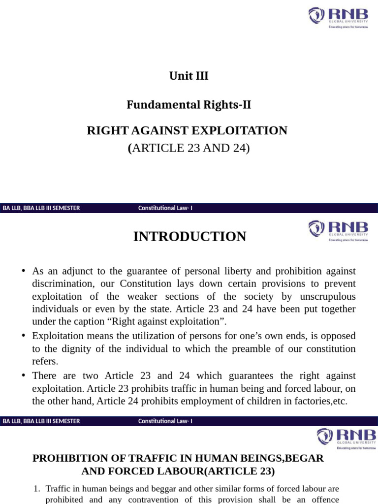 Right Against Exploitation: Articles 23-24 | PDF | Penal Labour ...