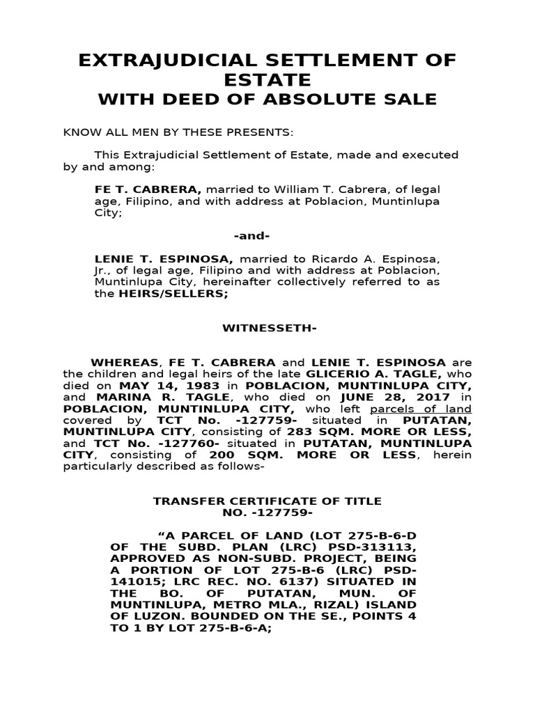 Extrajudicial Settlement of Estate With Deed of Sale - Tagle | PDF ...