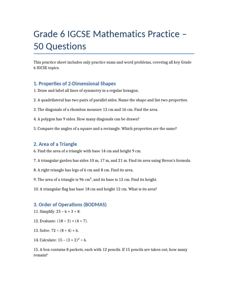 Grade 6 IGCSE Math Practice Questions | PDF | Area | Triangle