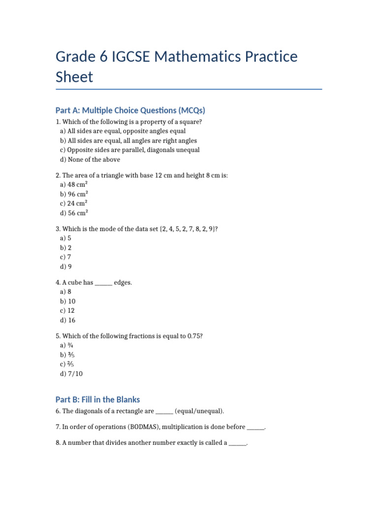 Grade 6 IGCSE Math Practice Questions | PDF