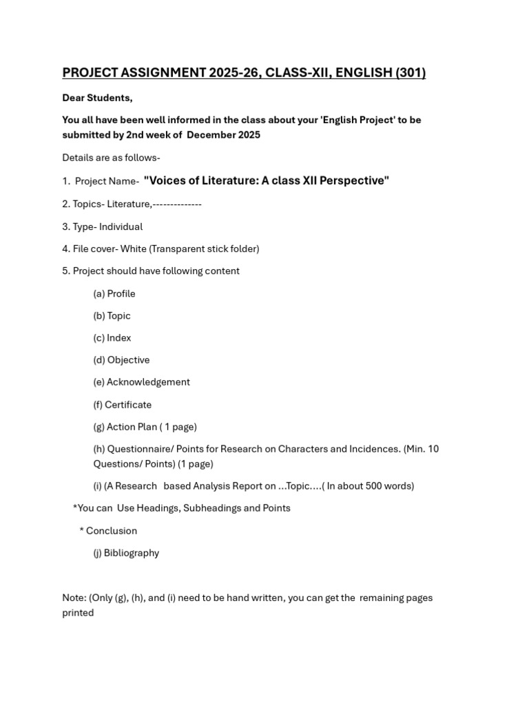 Class XII English Project Guidelines 2025 | PDF