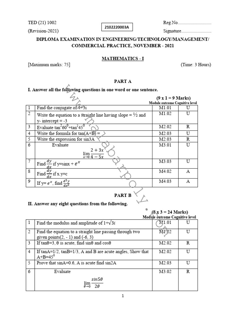 Diploma Mathematics Exam November 2021 | PDF | Mathematical Concepts ...