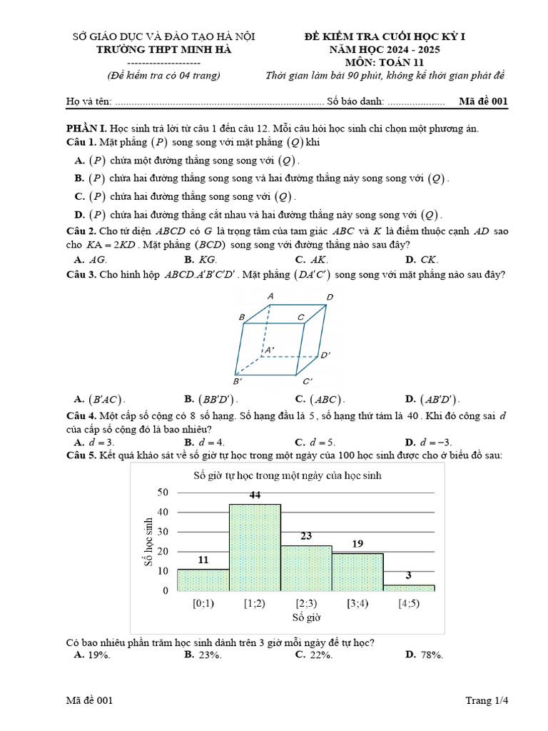 De Cuoi Hoc Ky 1 Toan 11 Nam 2024 2025 Truong THPT Minh Ha Ha Noi | PDF