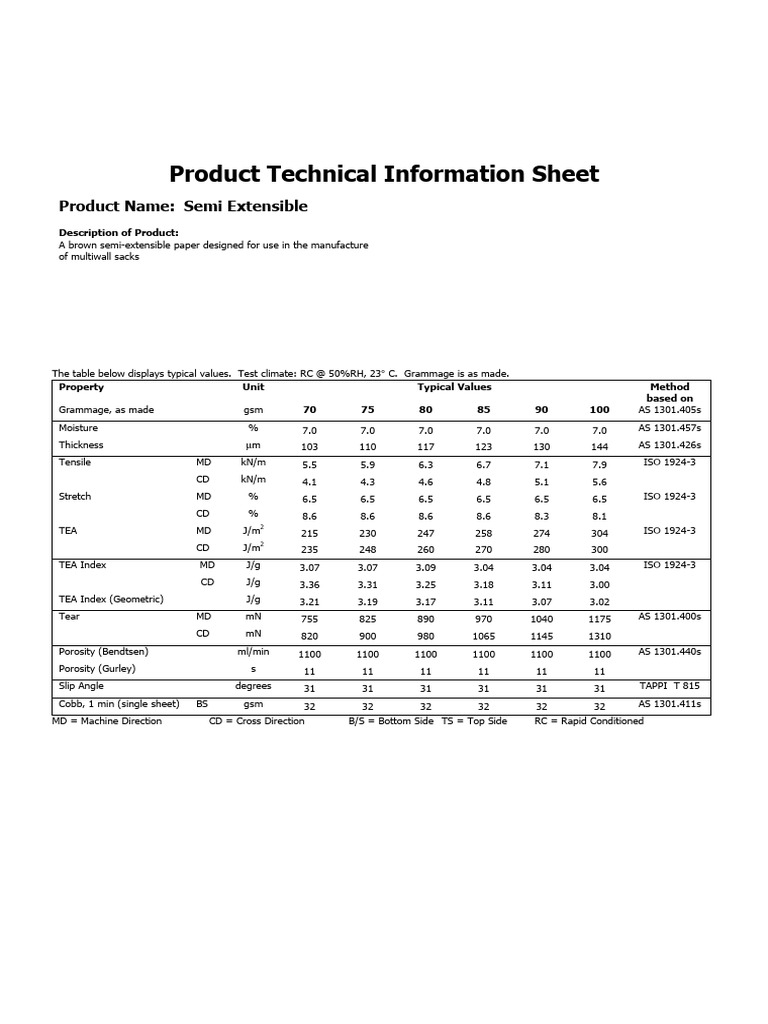 Semi Extensible Paper Specs Sheet | PDF