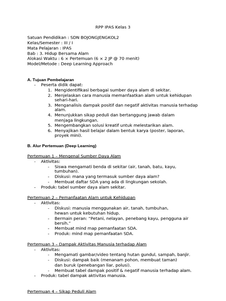 RPP IPAS Kelas 3: Hidup Bersama Alam | PDF